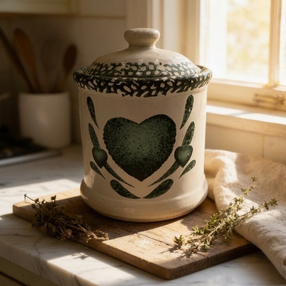 Vintage Green Heart Spongeware Ceramic Canister 1990s Country Stoneware Crock